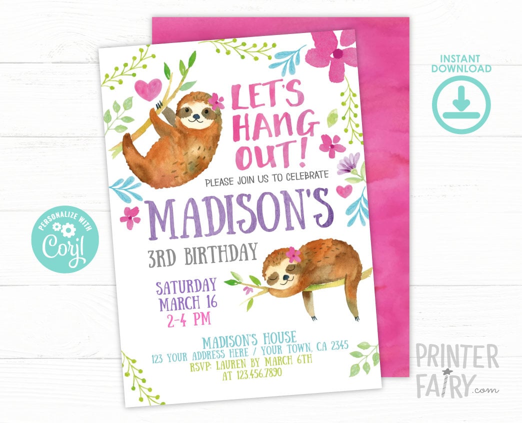 Editable Sloth Birthday Invitation, Jungle Theme (Digital Invite)