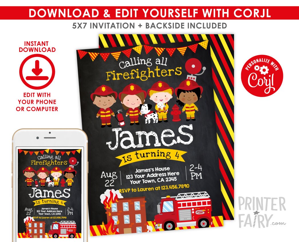 Editable Firefighter Birthday Party Invitation Template (Instant Download)