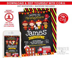 Editable Firefighter Birthday Party Invitation Template (Instant Download)
