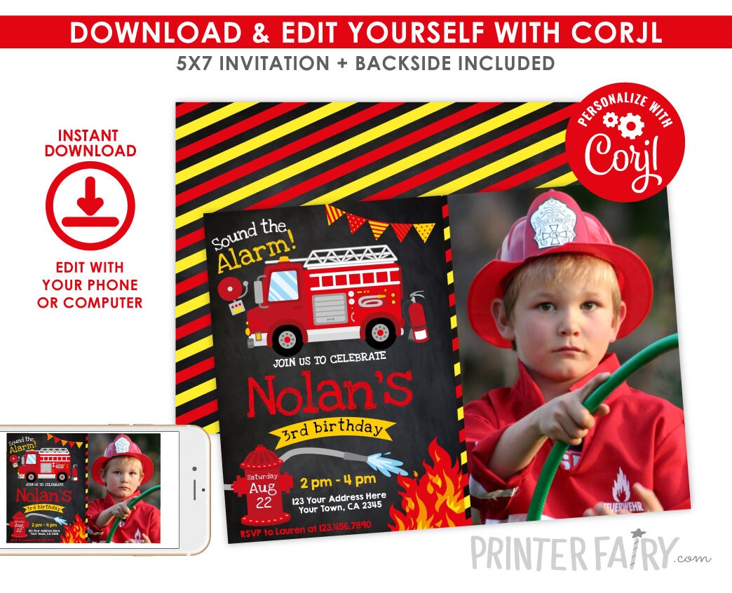 Firefighter Birthday Party Invitation Editable Template with photo, INSTANT DOWNLOAD