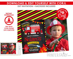 Firefighter Birthday Party Invitation Editable Template with photo, INSTANT DOWNLOAD
