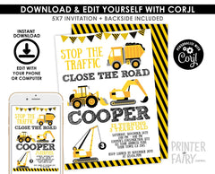 Construction Truck Birthday Invitation, Editable Template (Digital Invitation)