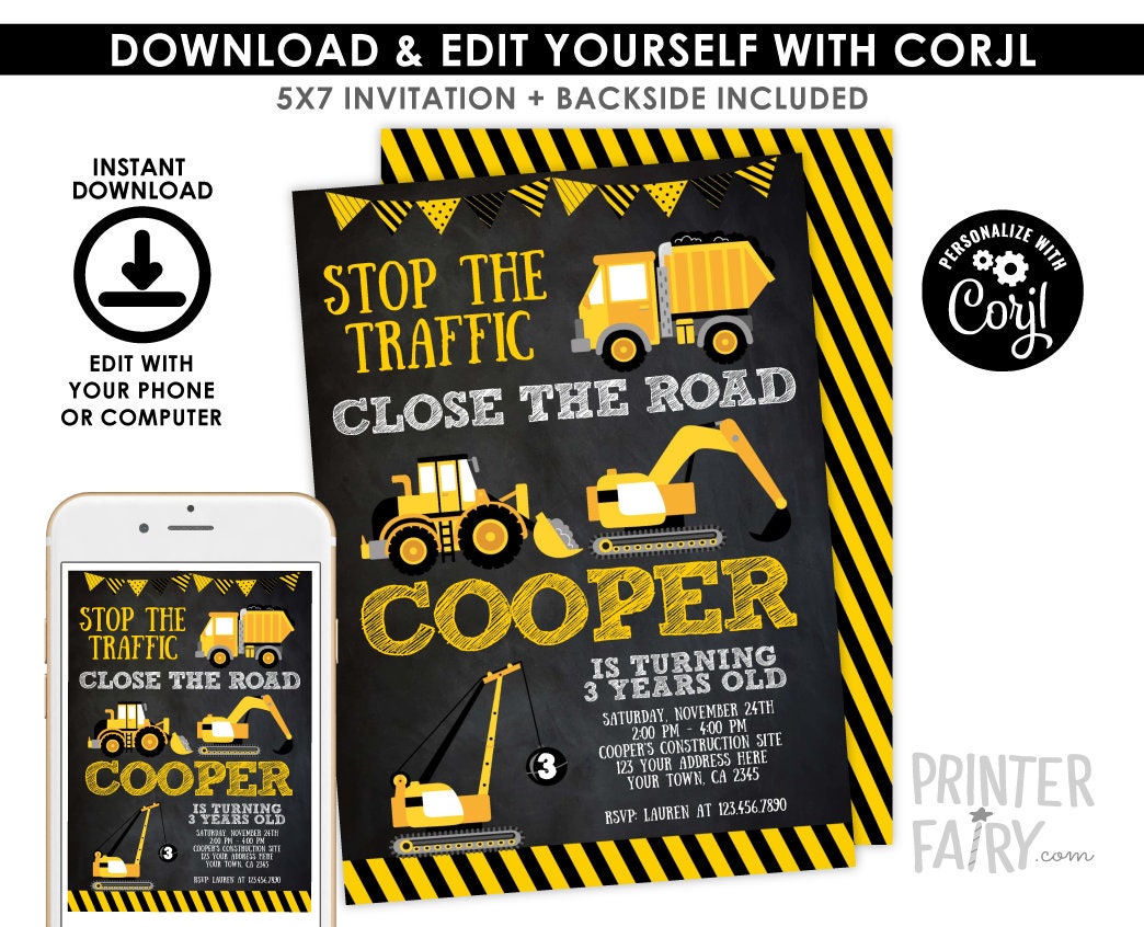 Construction Truck Birthday Invitation, Editable Template (Digital)