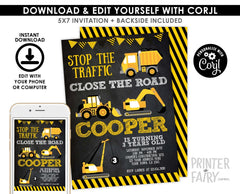 Construction Truck Birthday Invitation, Editable Template (Digital)