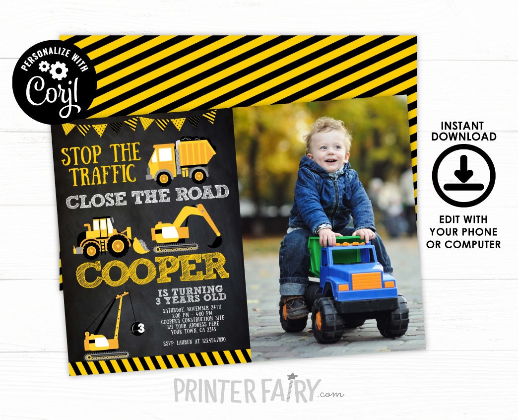 Construction Birthday Invitation with Photo, Editable Dump Truck Party (Digital Invitation)