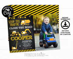 Construction Birthday Invitation with Photo, Editable Dump Truck Party (Digital Invitation)