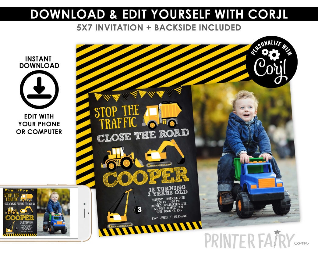 Construction Birthday Invitation with Photo, Editable Dump Truck Party (Digital Invitation)
