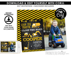Construction Birthday Invitation with Photo, Editable Dump Truck Party (Digital Invitation)
