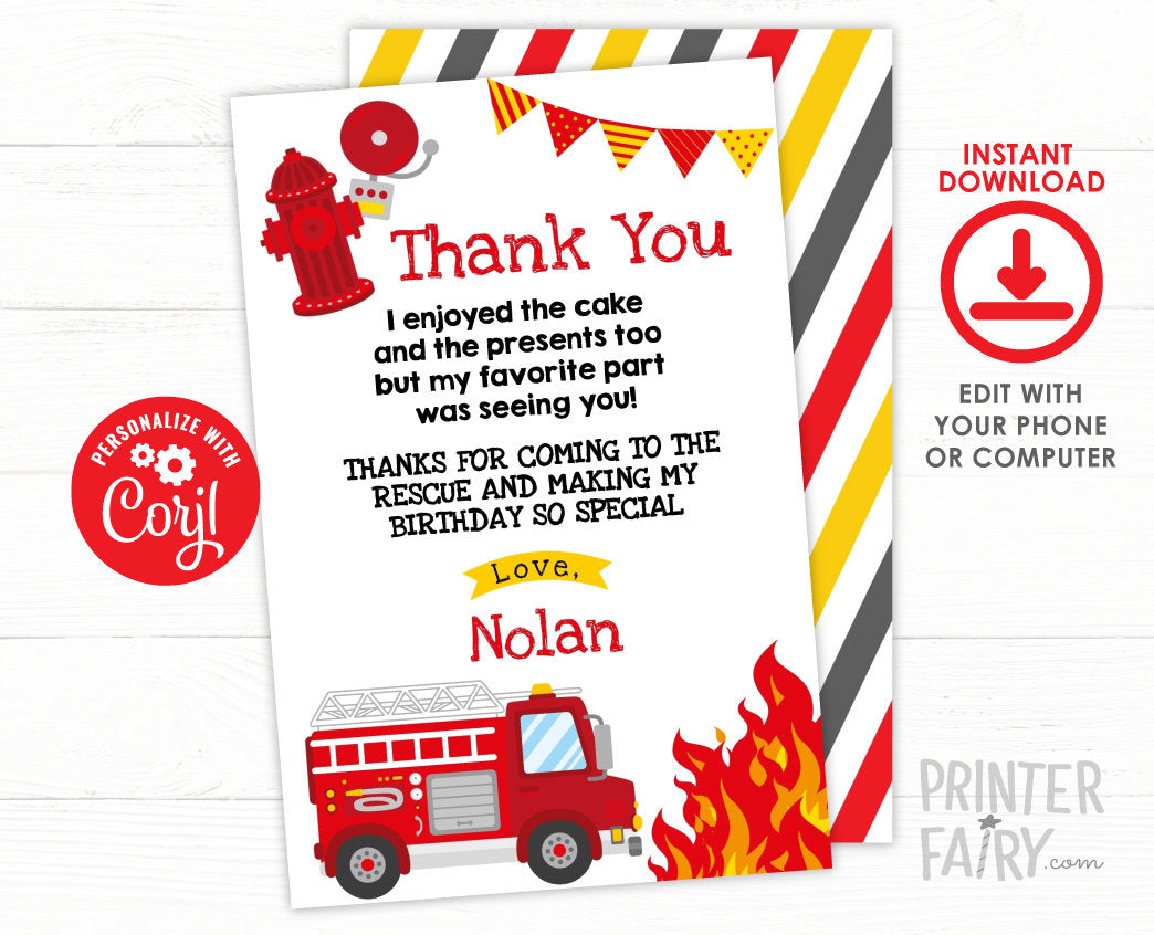 Firefighter Thank You Cards Editable Template, INSTANT DOWNLOAD