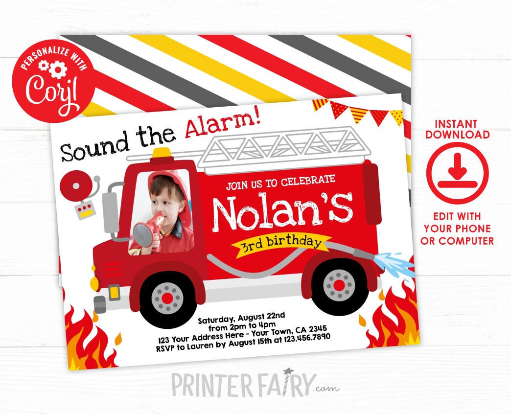 Firetruck Birthday Invitation with Photo Editable Template (Instant Download)