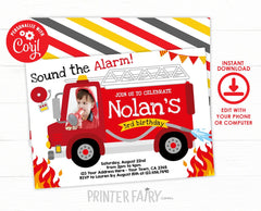 Firetruck Birthday Invitation with Photo Editable Template (Instant Download)