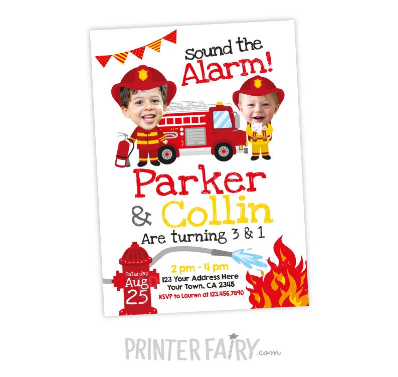 Fire fighter Invitation with photo, Sibling Birthday Invitations, Personalized Digital Invitation, 2 options