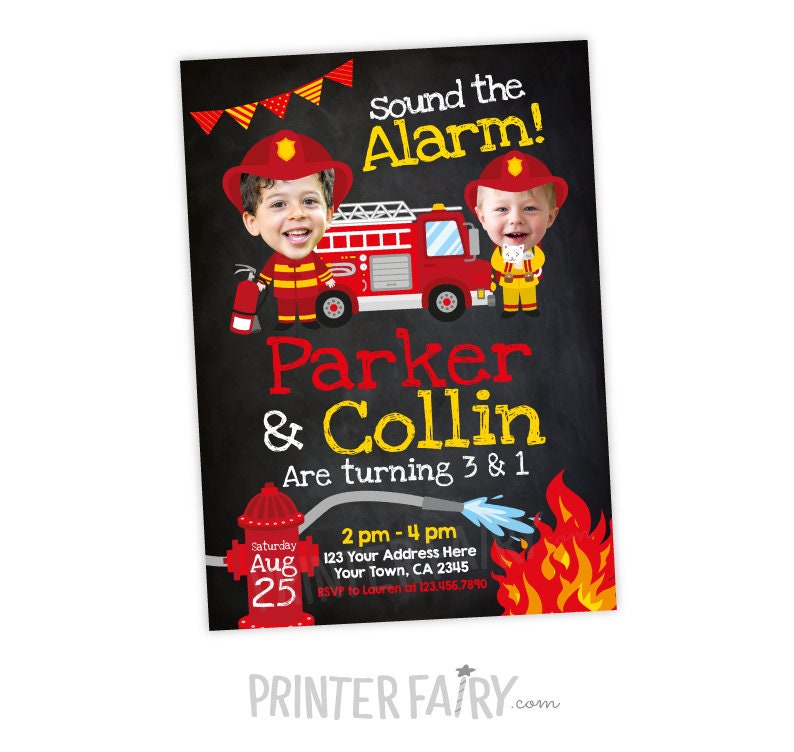 Fire fighter Invitation with photo, Sibling Birthday Invitations, Personalized Digital Invitation, 2 options