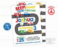 Transportation Birthday Invitation, Firetruck, Police Car (Instant Download)