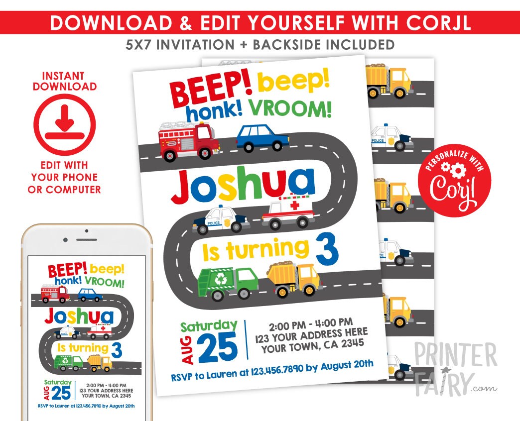 Transportation Birthday Invitation, Firetruck, Police Car (Instant Download)