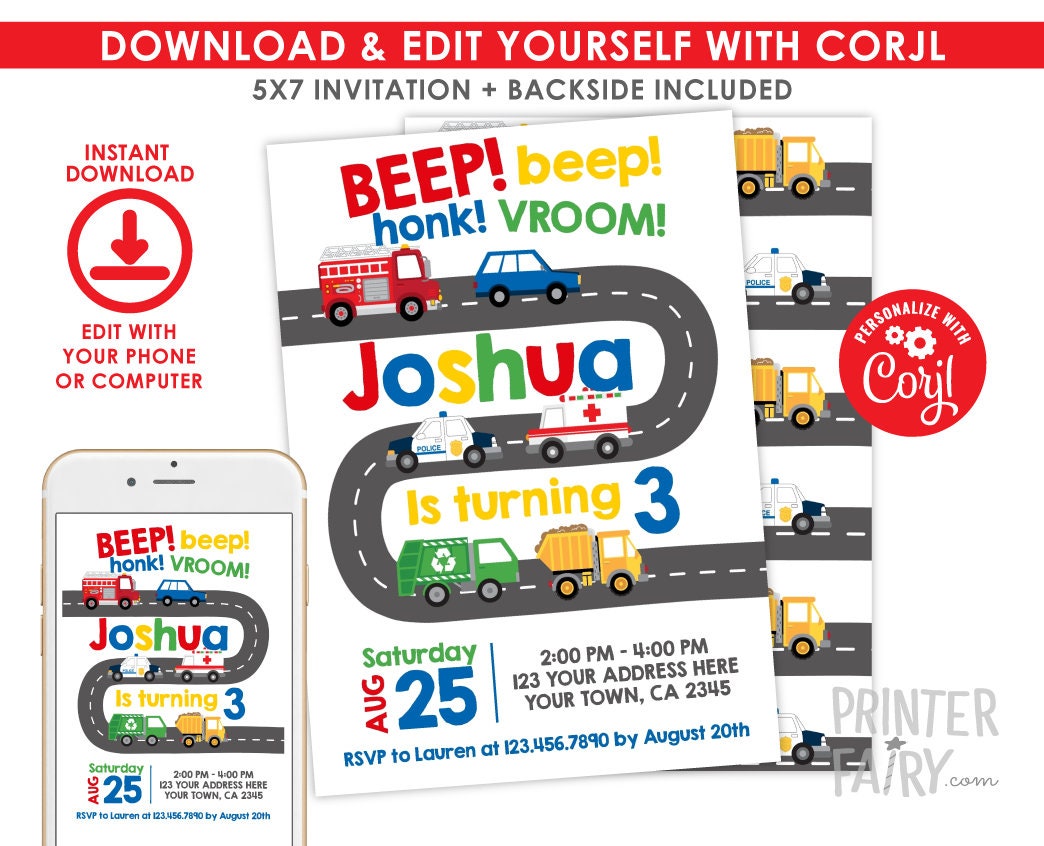 Transportation Birthday Invitation, Firetruck, Police Car (Instant Download)