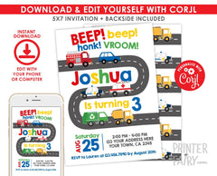 Transportation Birthday Invitation, Firetruck, Police Car (Instant Download)