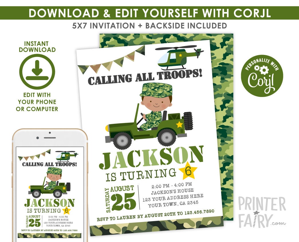Editable Army Birthday Invitation, Camo Party (Digital Download)