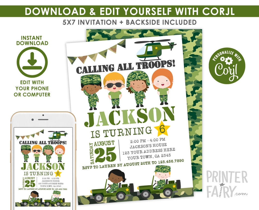 Editable Army Birthday Invitation, Camo Party (Digital Invitation)