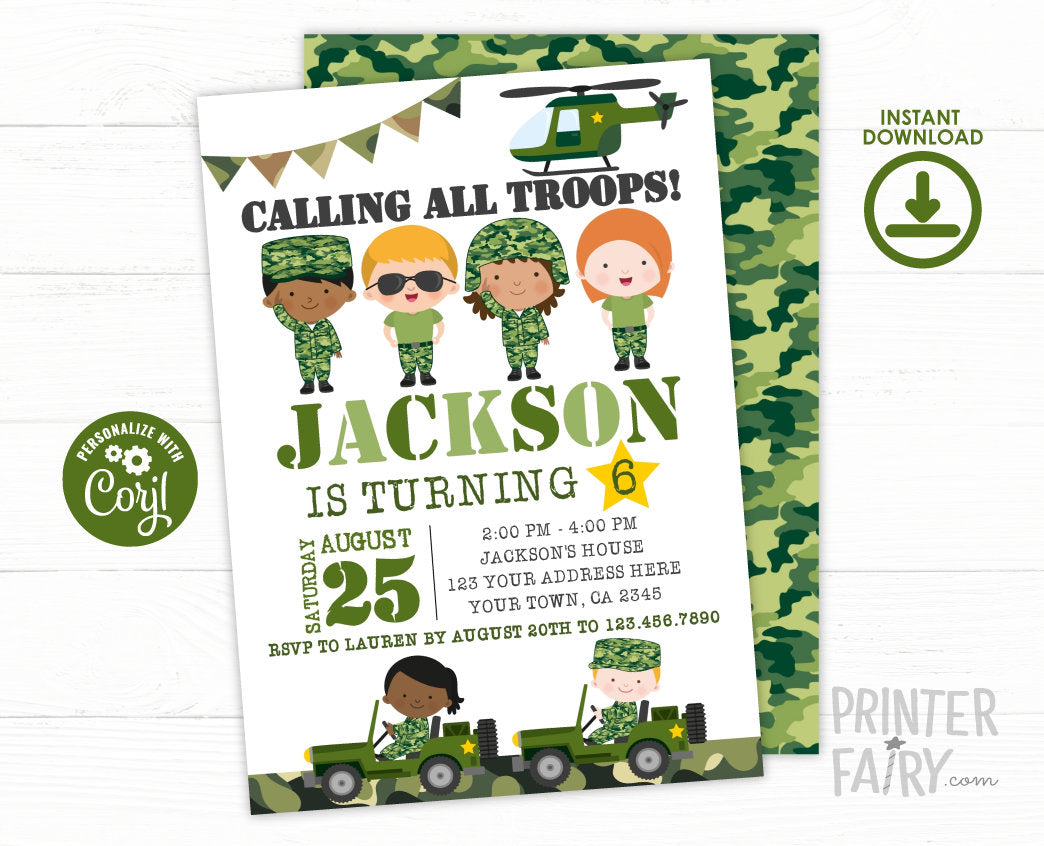 Editable Army Birthday Invitation, Camo Party (Digital Invitation)