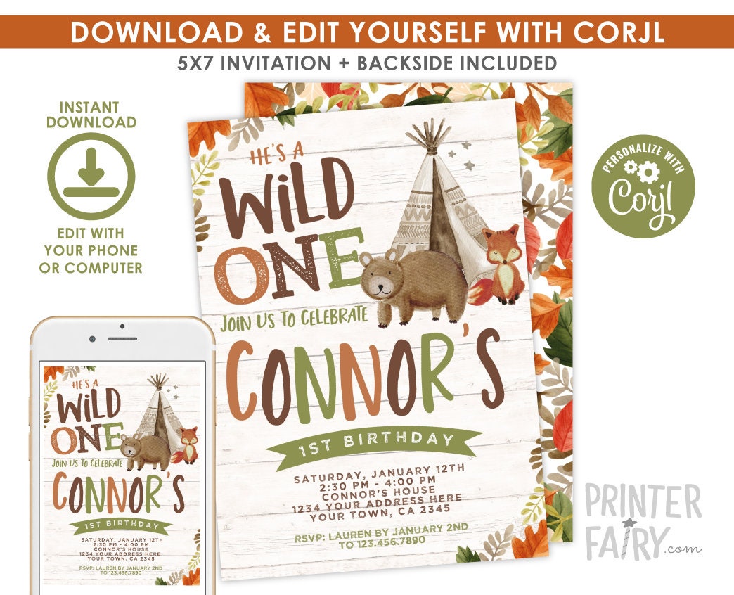 Wild One Boy Birthday Invitation Editable Template, Instant Download