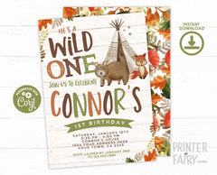 Wild One Boy Birthday Invitation Editable Template, Instant Download