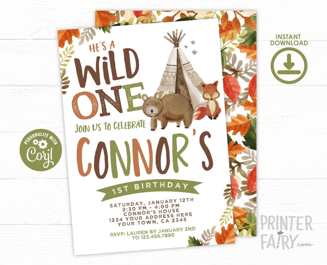 Wild One Birthday Invitation, Tribal Woodland Theme (Digital Download)
