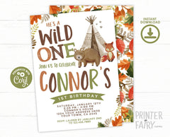 Wild One Birthday Invitation, Tribal Woodland Theme (Digital Download)