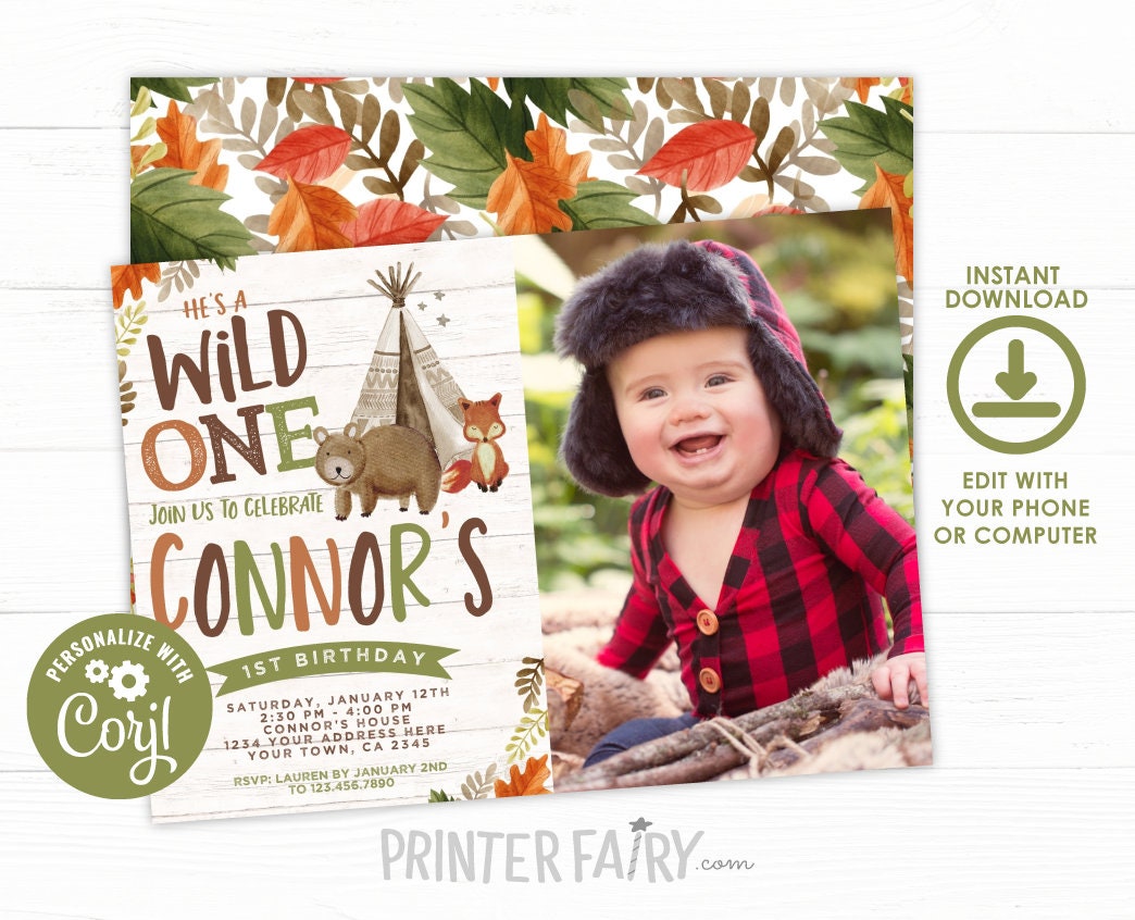 Wild One Birthday Invitation with Photo, Tribal Woodland (Digital Download)