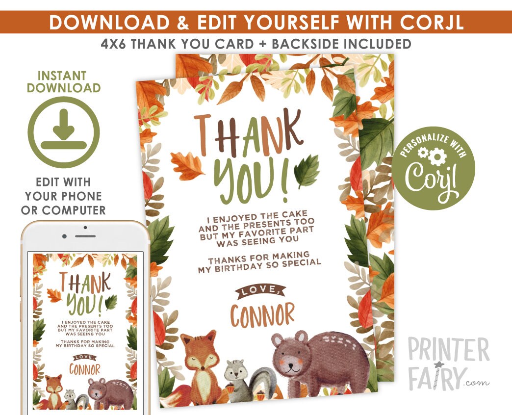 Wild One Thank You Cards, Forest Animals, Editable (Digital Download)