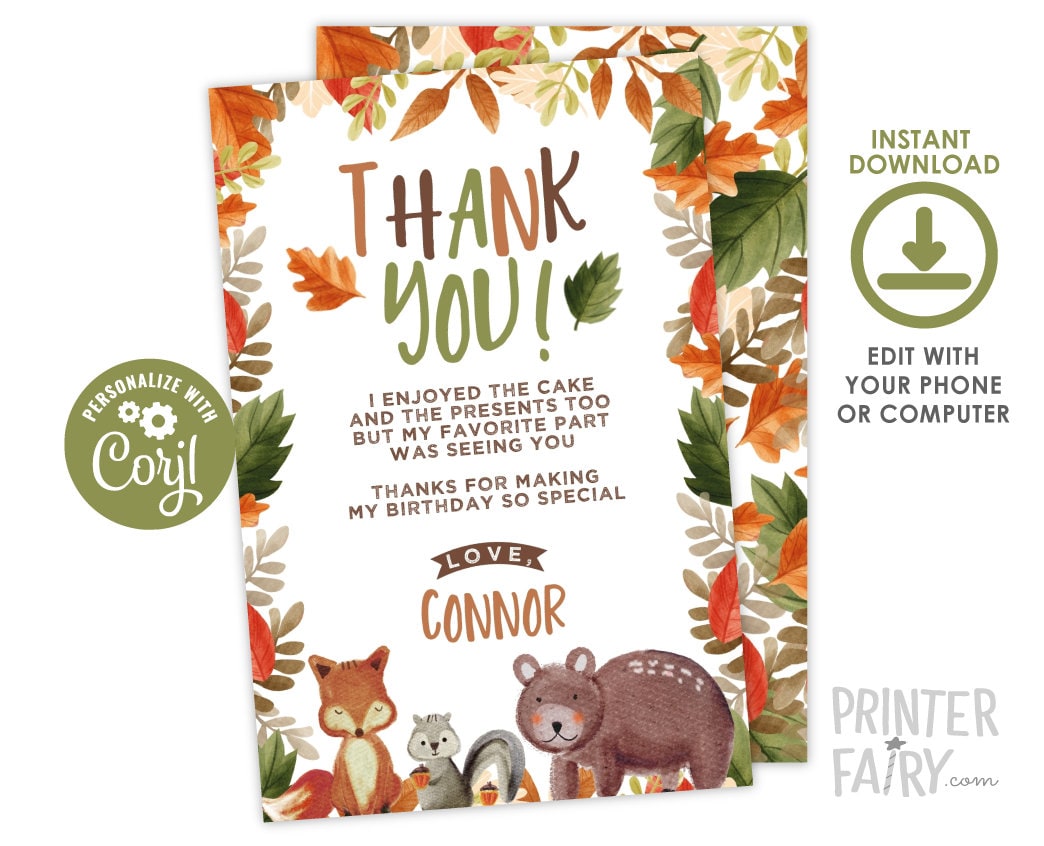 Wild One Thank You Cards, Forest Animals, Editable (Digital Download)
