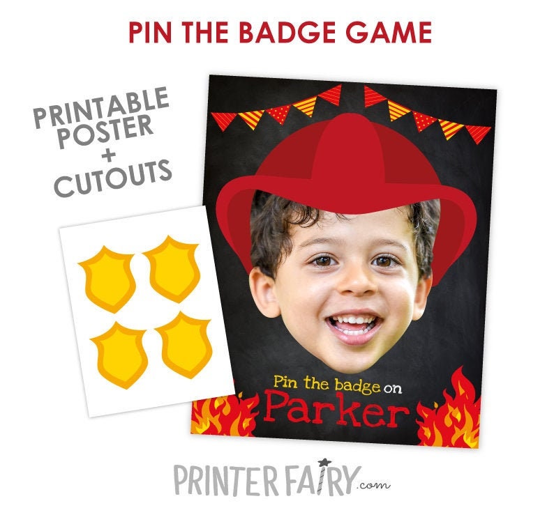 Personalized Firefighter Birthday Party Game, Pin the Badge Poster (Digital Download)