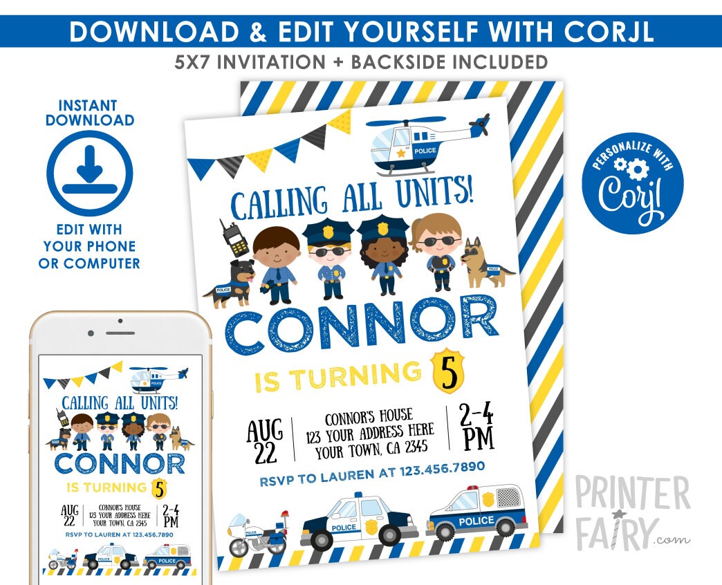 Editable Police Birthday Party Invitation (Digital Download)