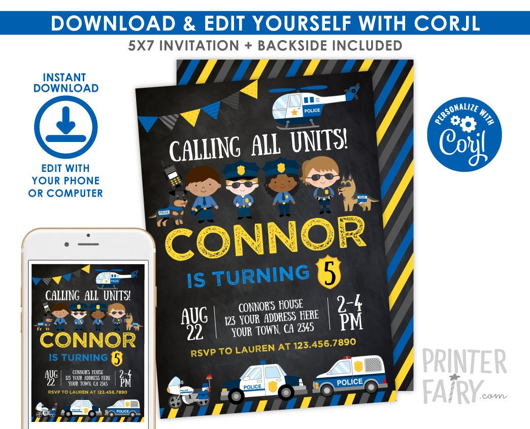 Editable Police Birthday Invitation, Cops & Robbers Party (Instant Download)