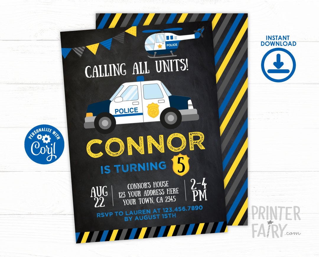 Editable Police Car Birthday Invitation, Cops & Robbers Party (Digital)