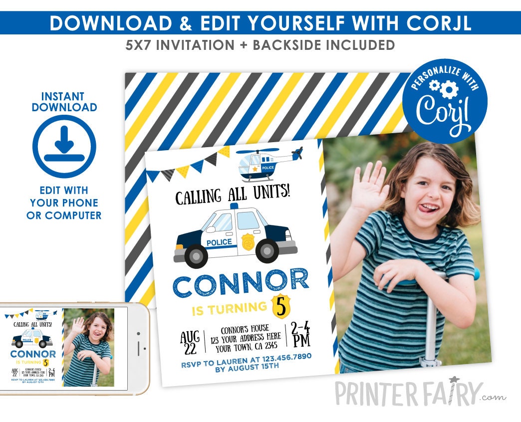 Editable Police Birthday Invitation with Photo (Instant Download)