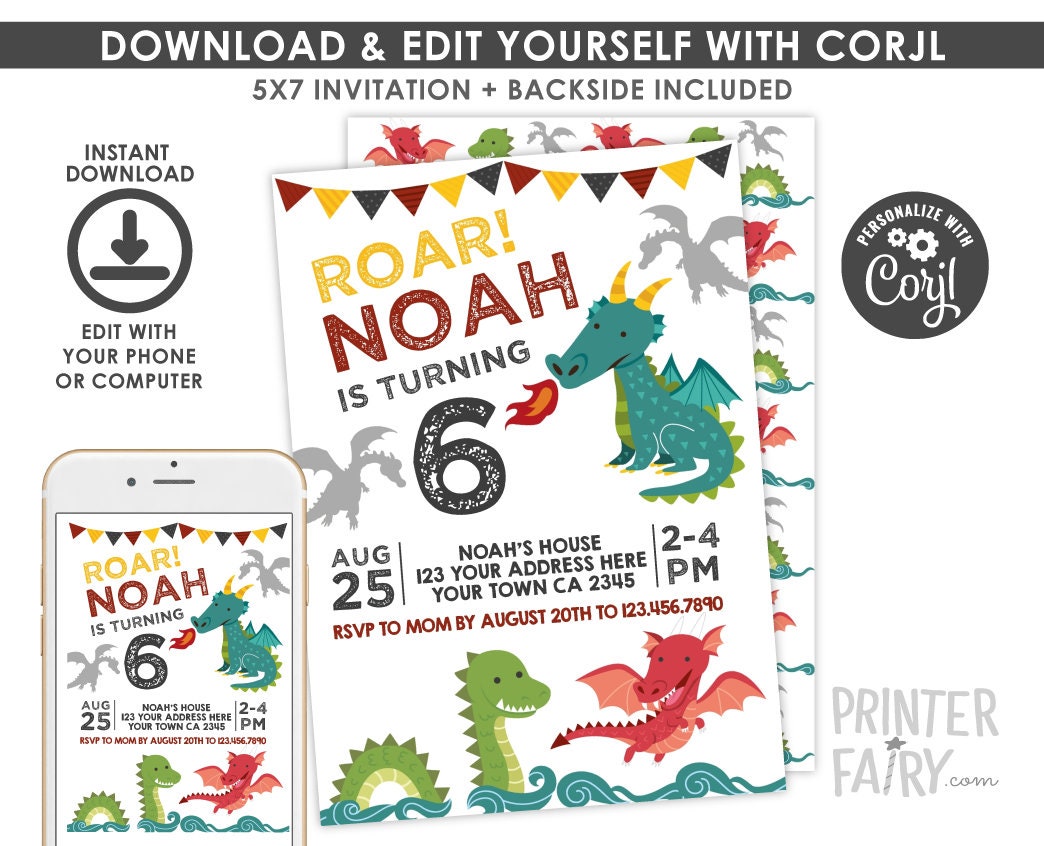 Dragon Birthday Invitation, Editable Knight Party (Digital Download)