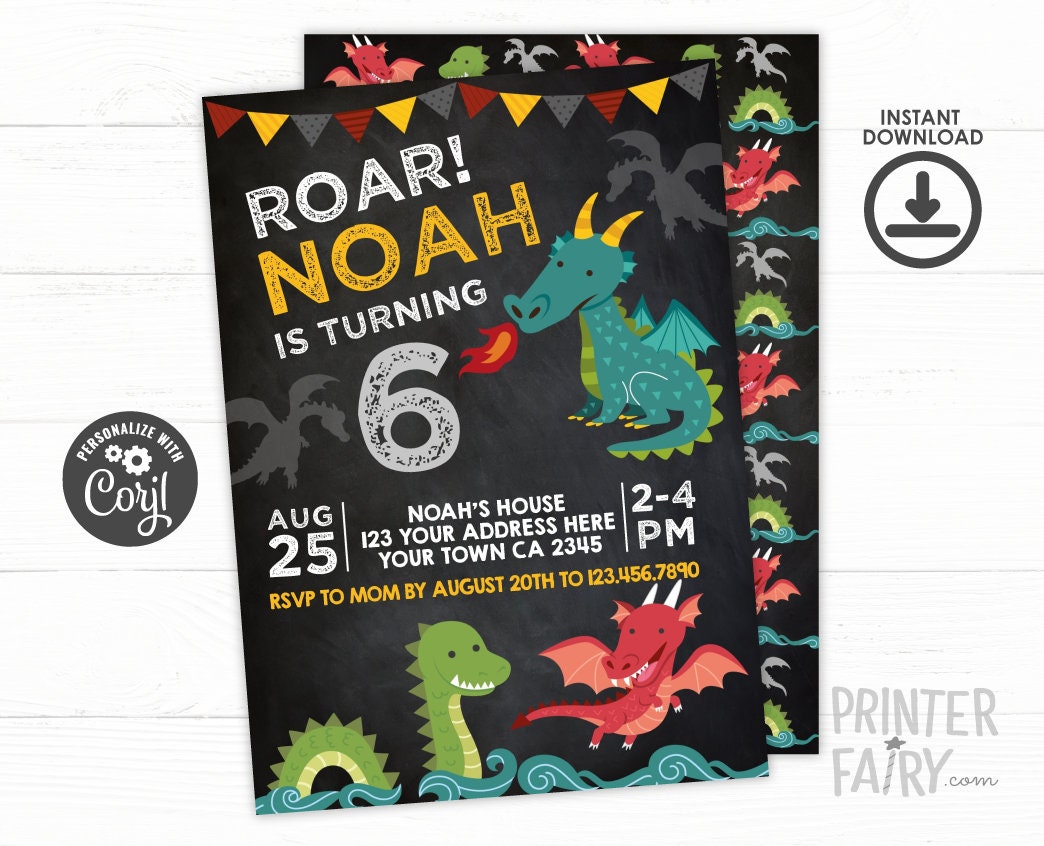 Editable Dragon Birthday Invitation, Medieval Knight Party (Instant Download)