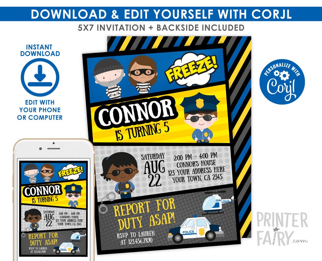 Cops and Robbers Birthday Invitation, Editable Police Party (Instant Download)
