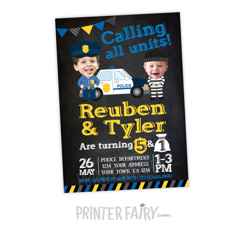 Cops and Robbers Birthday Invitation, Photo, Siblings (Digital Invitation)