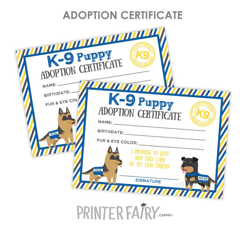 K9 Puppy Adoption Sign and Certificate, Police Birthday Party (Instant Download)