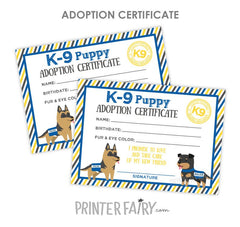 K9 Puppy Adoption Sign and Certificate, Police Birthday Party (Instant Download)