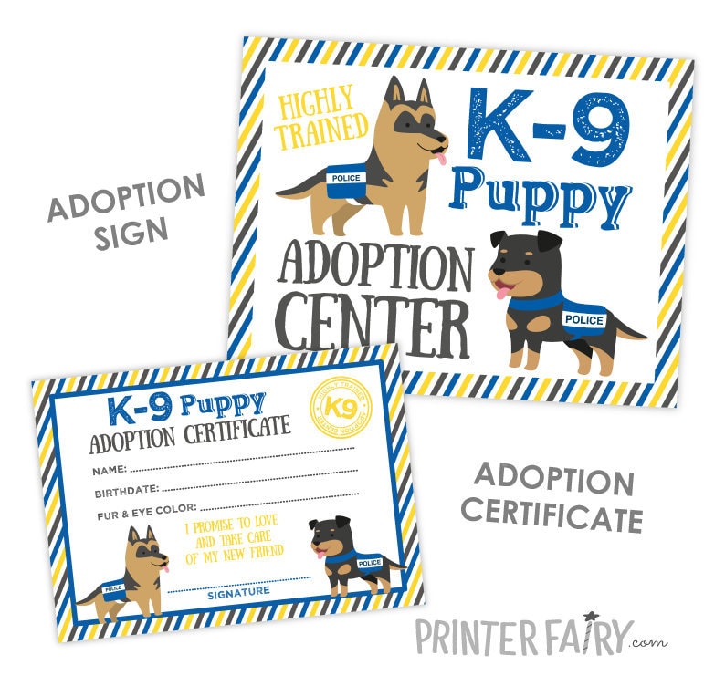 K9 Puppy Adoption Sign and Certificate, Police Birthday Party (Instant Download)