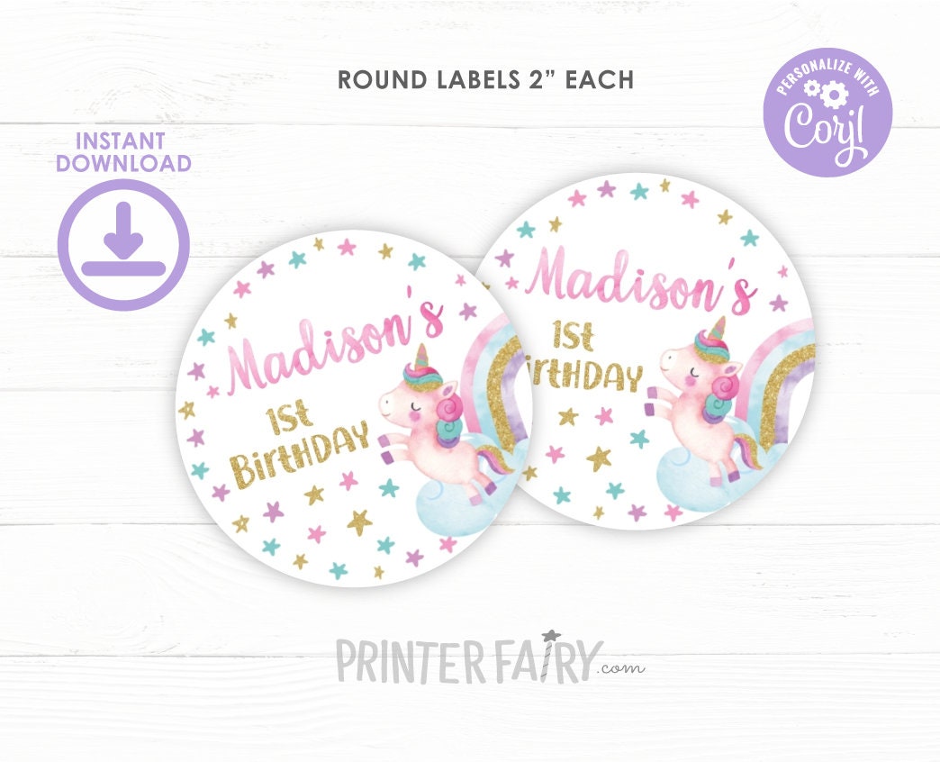Unicorn Round Labels or Toppers EDITABLE Template, INSTANT DOWNLOAD