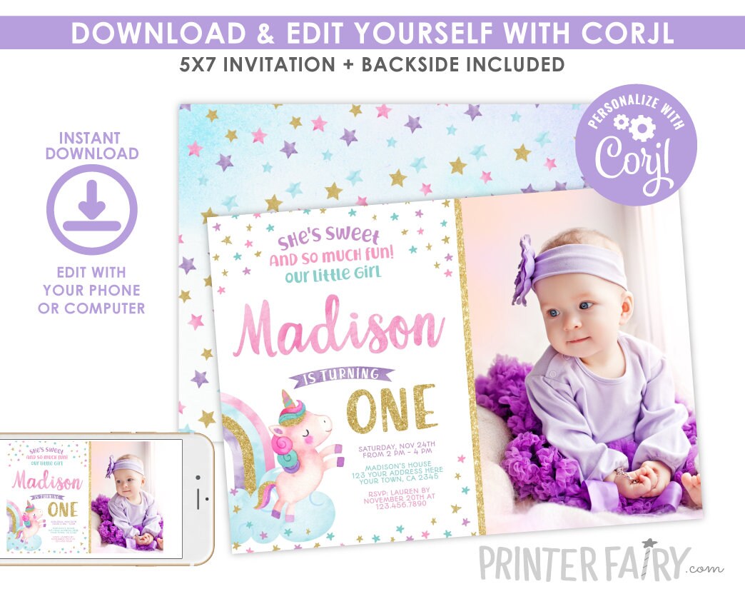 Editable Unicorn First Birthday Invitation with Photo (Digital Invite)