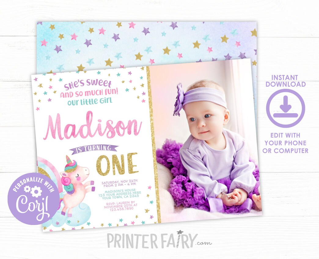 Editable Unicorn First Birthday Invitation with Photo (Digital Invite)