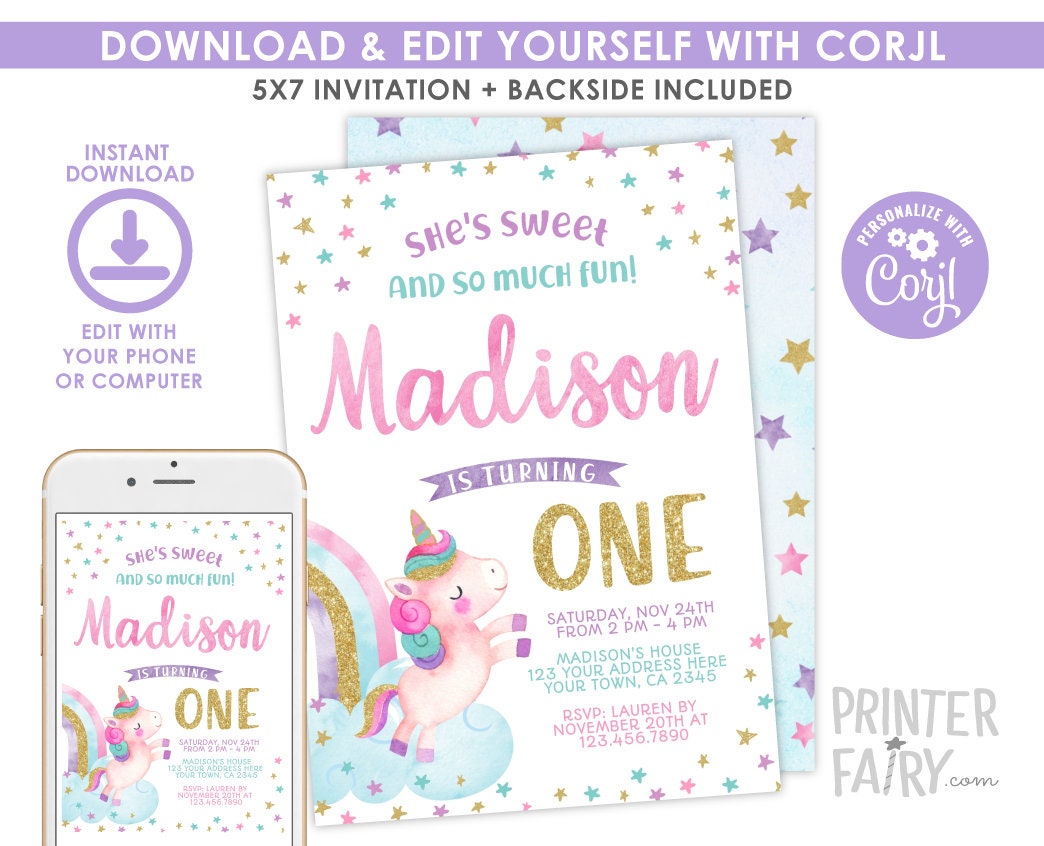 Unicorn First Birthday Invitation, Editable Rainbow Party (Digital Invite)