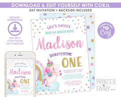 Unicorn First Birthday Invitation, Editable Rainbow Party (Digital Invite)