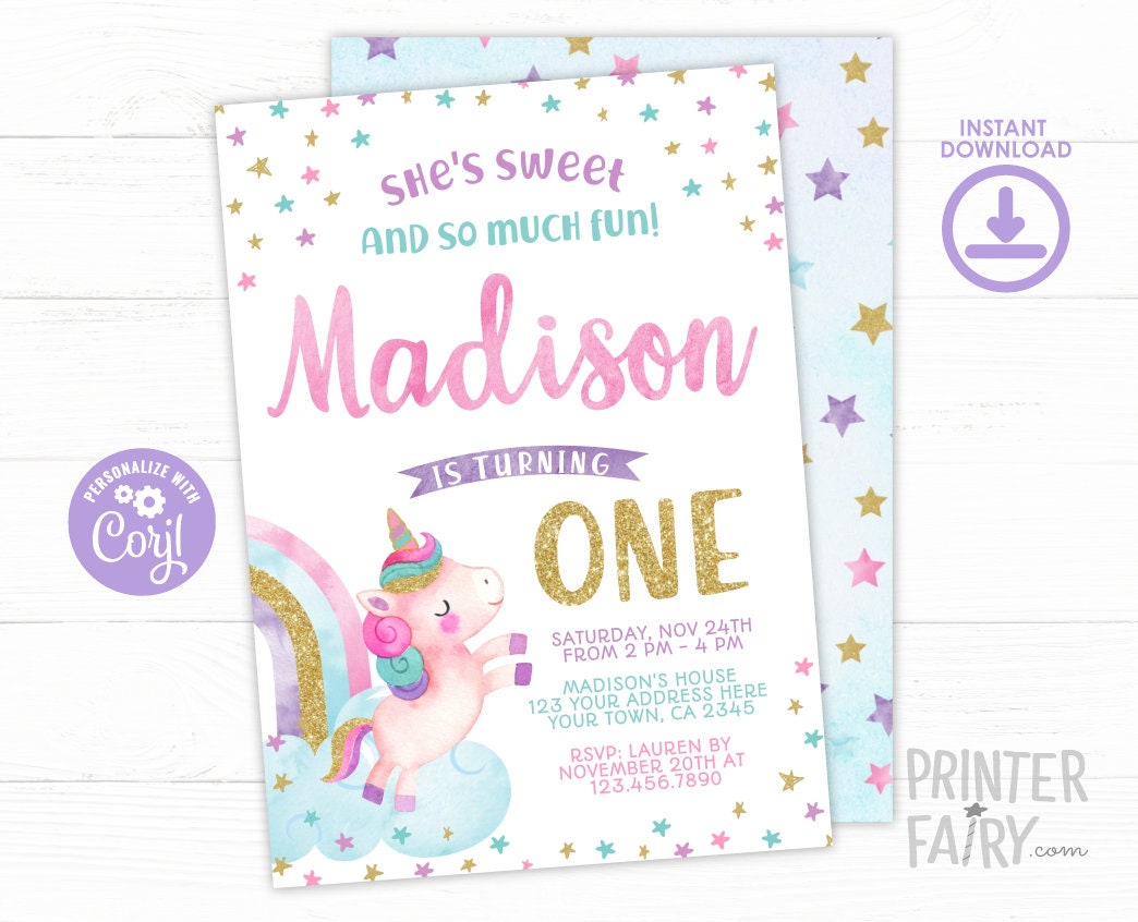 Unicorn First Birthday Invitation, Editable Rainbow Party (Digital Invite)