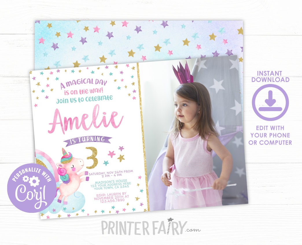 Editable Unicorn Birthday Invitation, Rainbow Party (Digital Invite)
